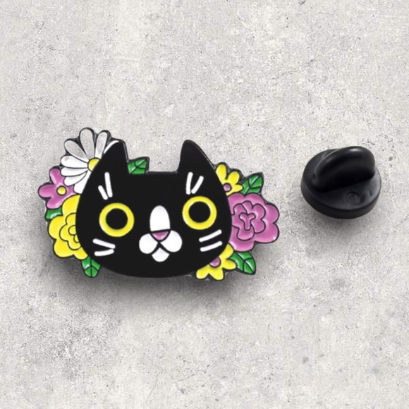 NEW Cat Floral Enamel Pin Brooch - Picture 2 of 2